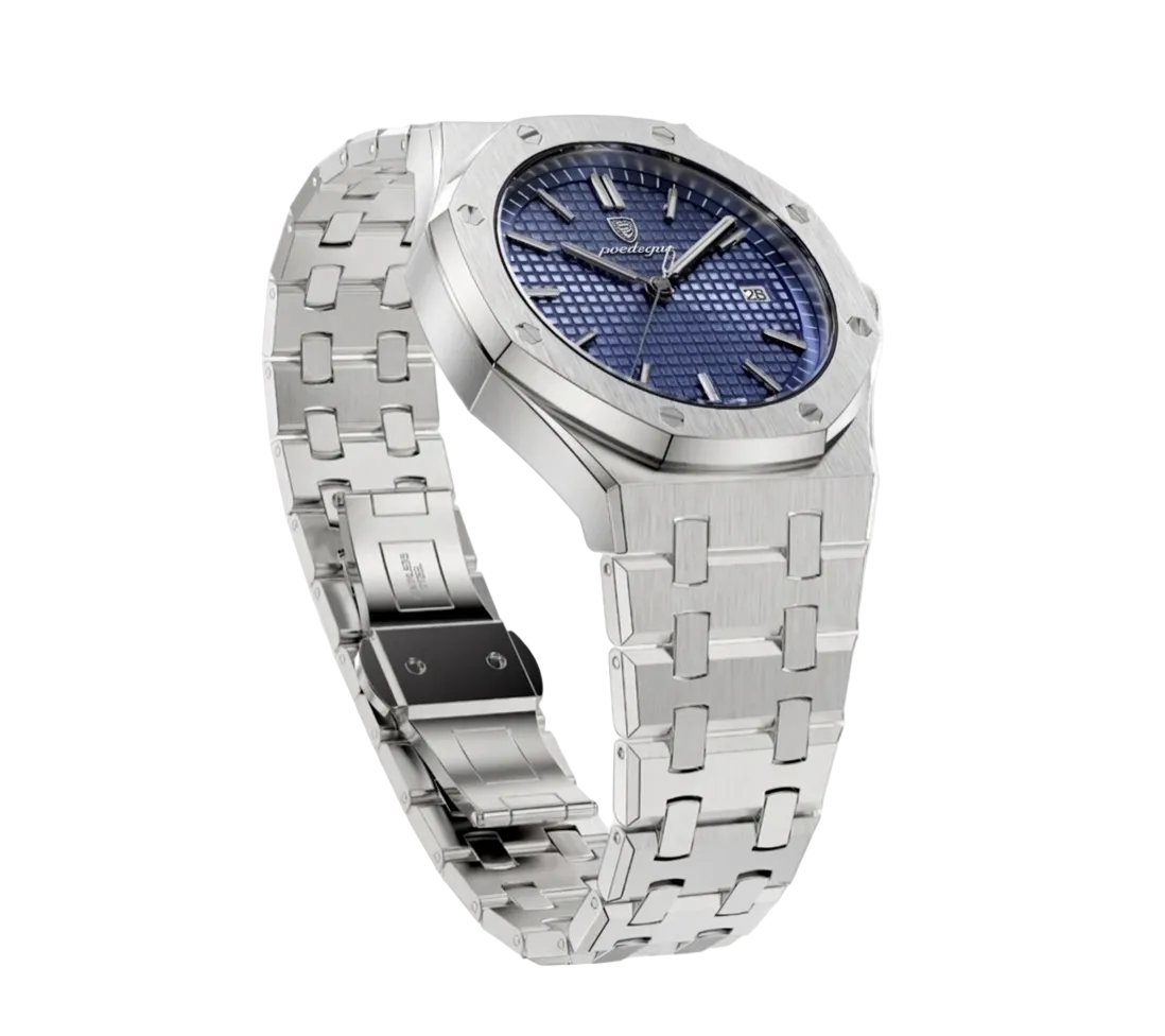 Angled side view of Polaris steel integrated bracelet watch