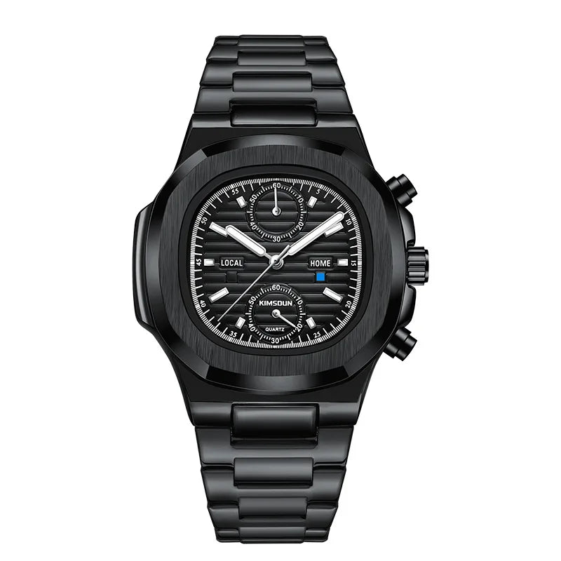 Black Meridian watch with chronograph and stainless steel strap