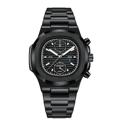 Black Meridian watch with chronograph and stainless steel strap