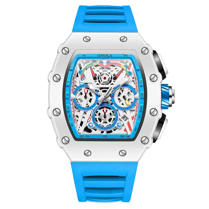 Blanc watch with blue silicone band and skeleton dial