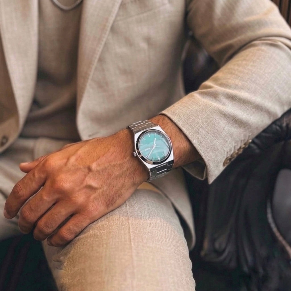Close-up of Polararc BIANCO silver stainless steel watch on wrist