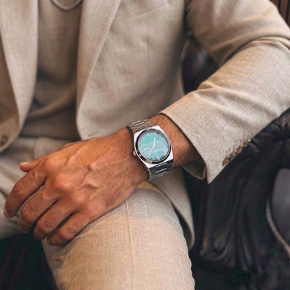 Close-up of Polararc BIANCO silver stainless steel watch on wrist