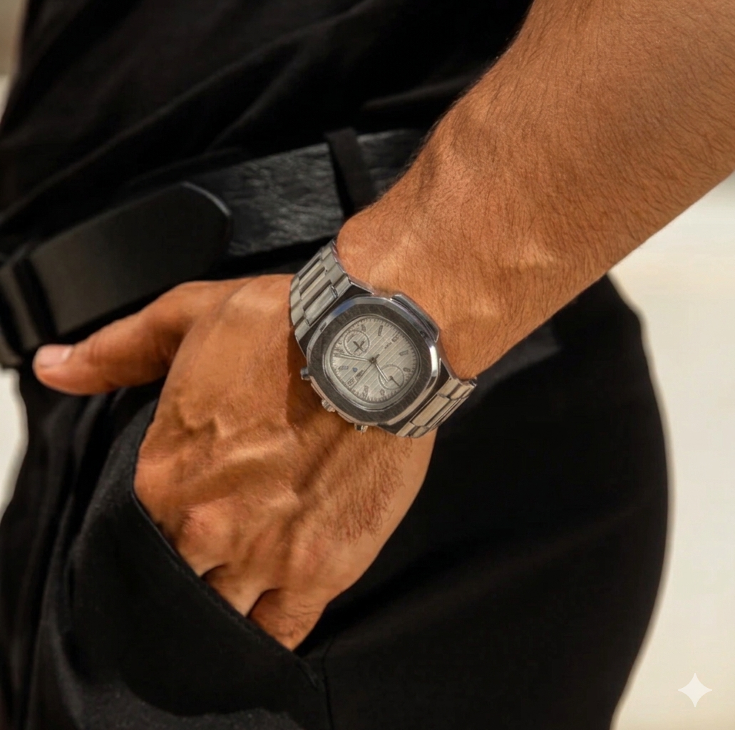 Meridian Men's silver stainless steel watch on wrist