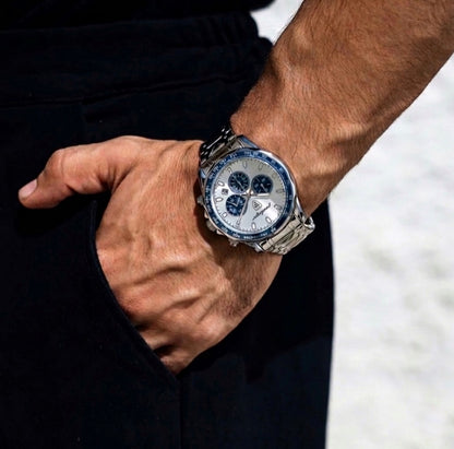 On-wrist view of Polararc Rivale blue bezel watch