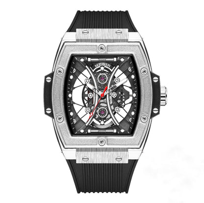 Polararc Apex mechanical watch with silver tonneau case and black strap