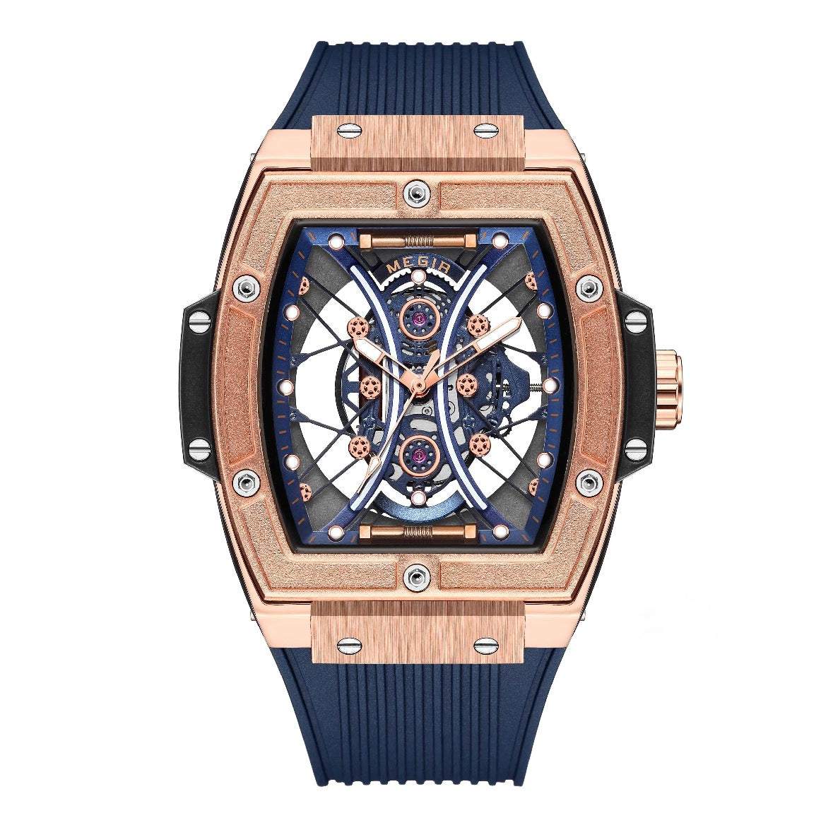 Polararc Apex skeletonised mechanical watch with blue rubber strap