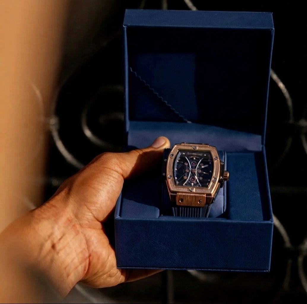 Polararc Apex skeletonised watch inside a luxury blue gift box