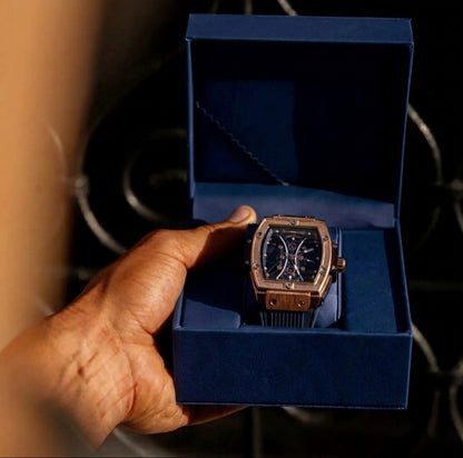 Polararc Apex skeletonised watch inside a luxury blue gift box