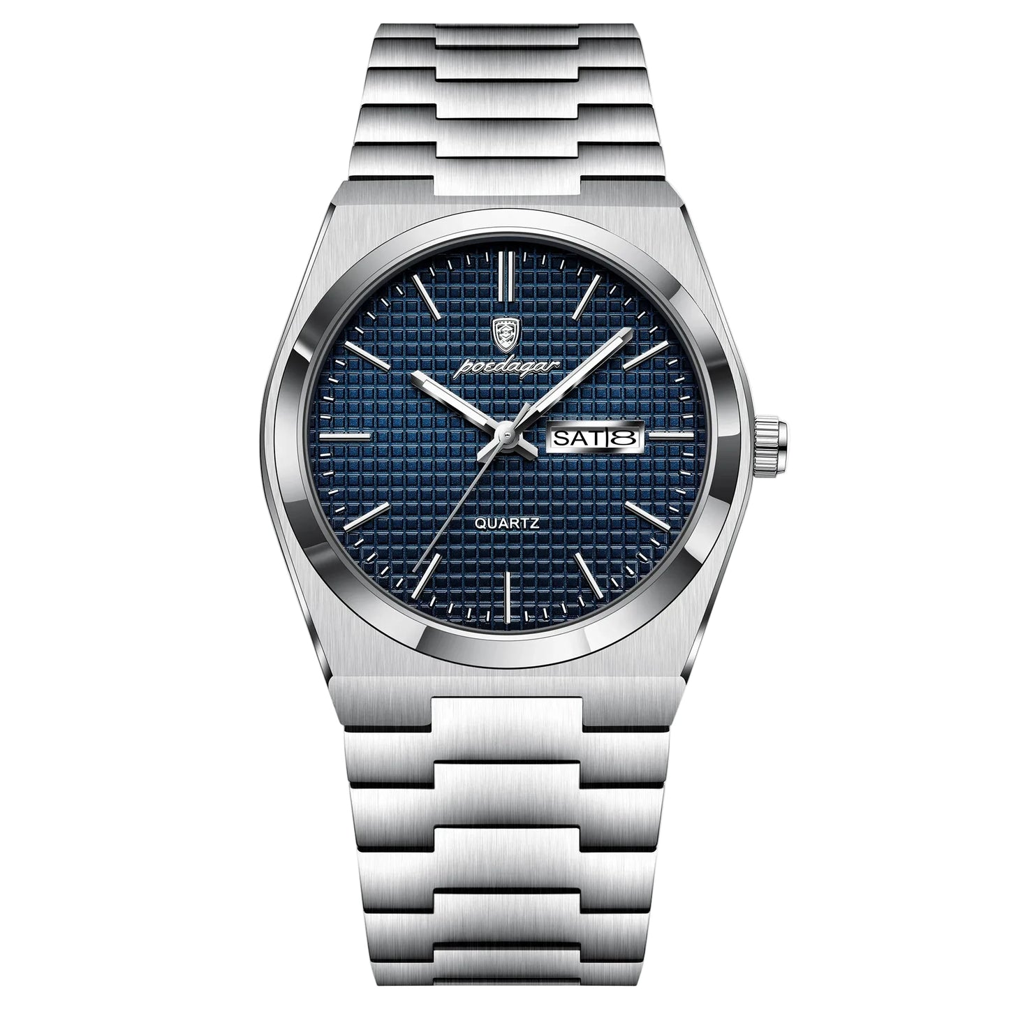 Polararc Glacial luxury quartz watch featuring a deep blue dial on wrist