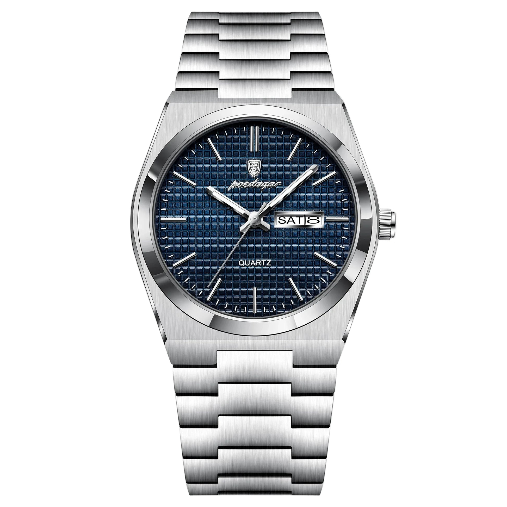 Polararc Glacial luxury quartz watch featuring a deep blue dial on wrist