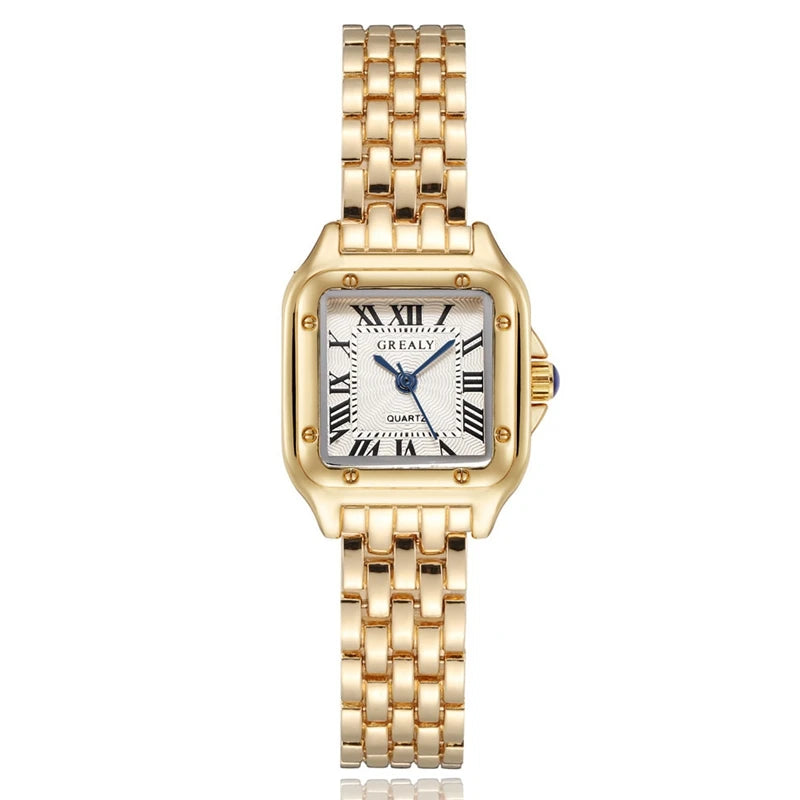 Polararc Lumiere gold rectangular jewelry watch with gold link bracelet