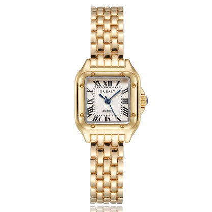 Polararc Lumiere gold rectangular jewelry watch with gold link bracelet