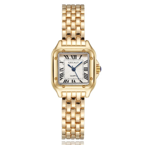 Polararc Lumiere gold rectangular jewelry watch with gold link bracelet