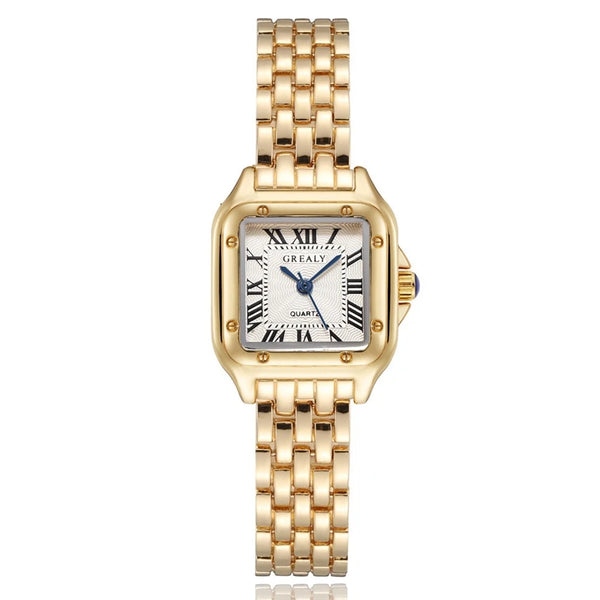 Polararc Lumiere gold rectangular jewelry watch with gold link bracelet