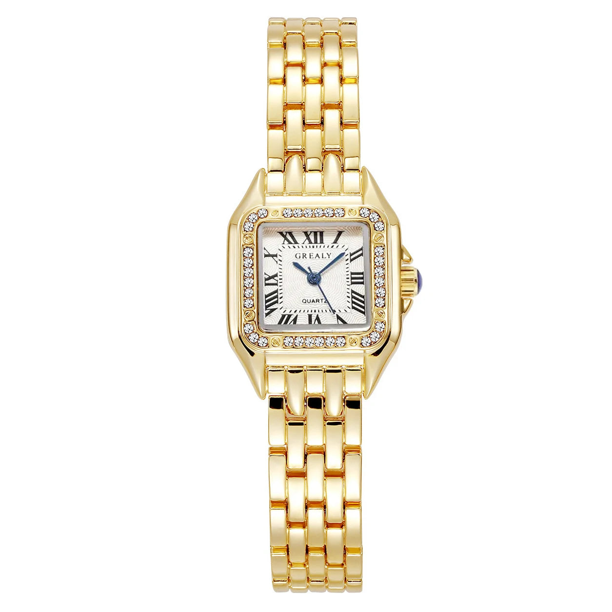 Polararc Lumiere gold rectangular jewelry watch with gold metal link bracelet