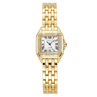 Polararc Lumiere gold rectangular jewelry watch with gold metal link bracelet