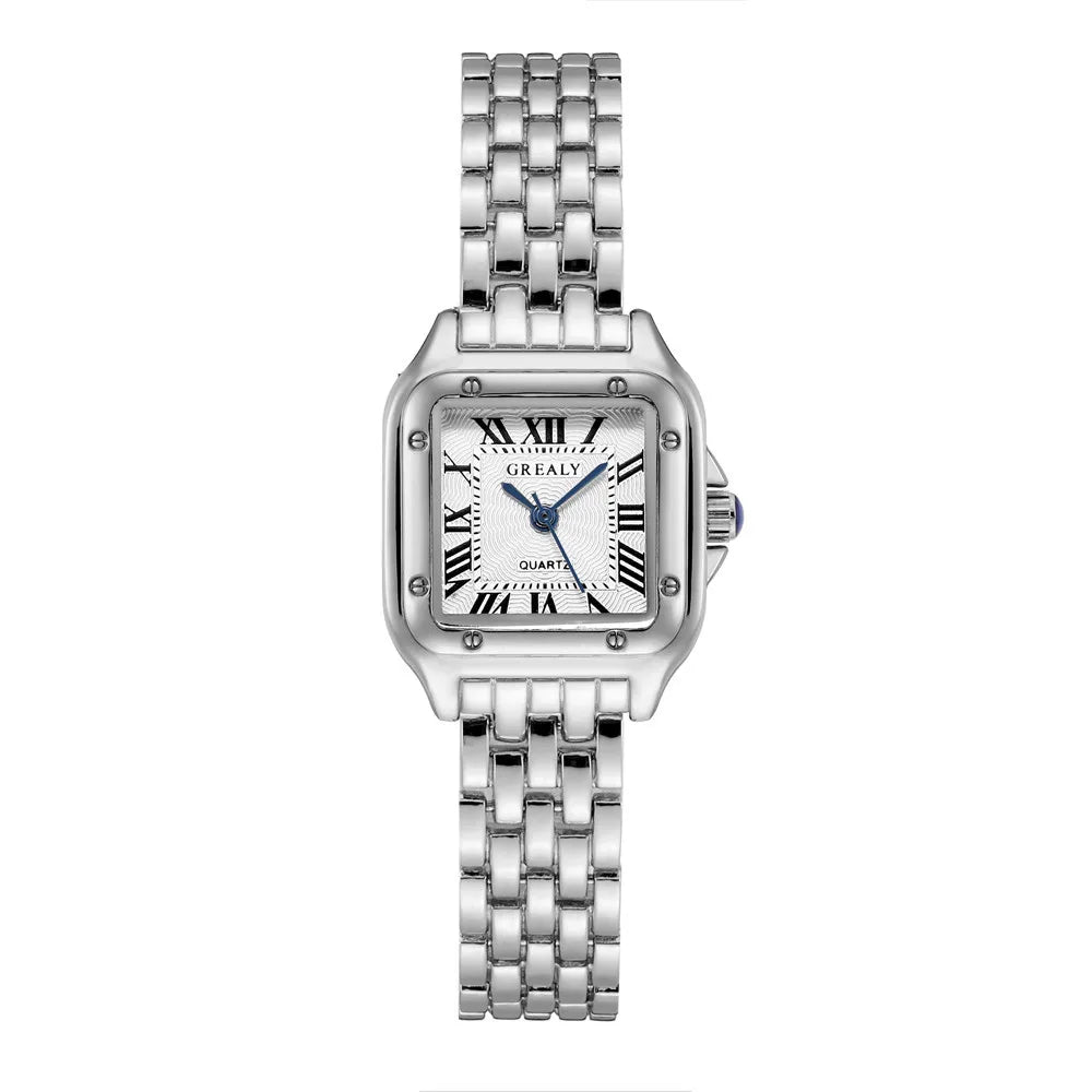 Polararc Lumiere silver rectangular jewelry watch with metallic link bracelet