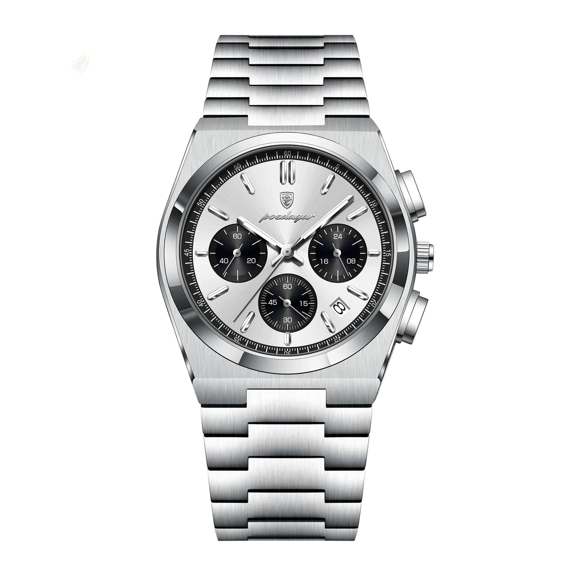 Polararc classic panda chronograph watch featuring a silver white dial with black sub dials