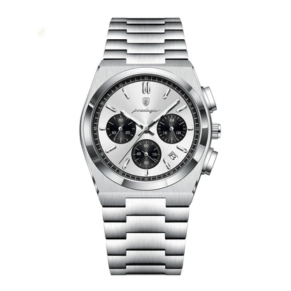 Polararc classic panda chronograph watch featuring a silver white dial with black sub dials