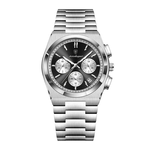 Polararc luxury chronograph watch with a black dial and white sub dials