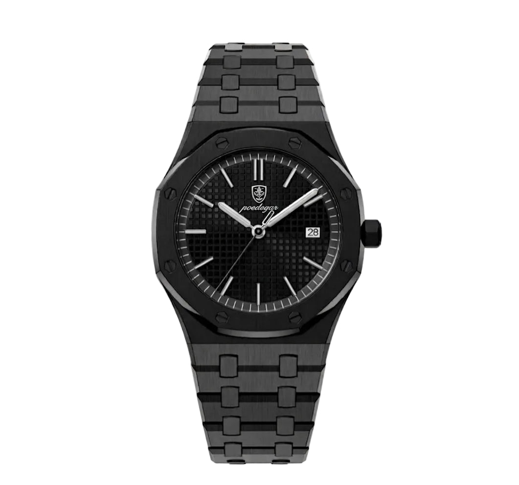 Polaris all-black steel integrated watch with textured black dia