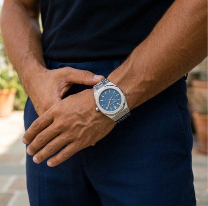 Polaris octagonal sports watch styled with navy trousers