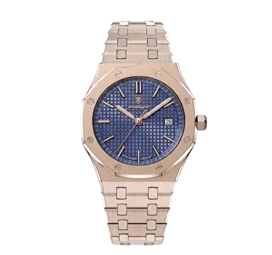 Polaris rose gold integrated sports watch with textured blue dial