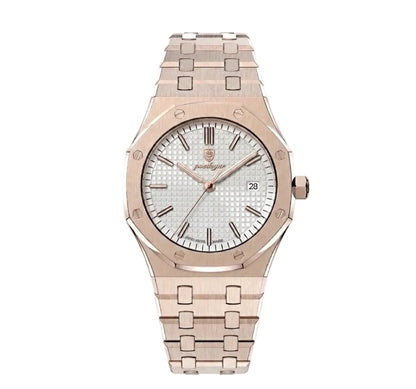 Polaris rose gold integrated sports watch with textured white dial