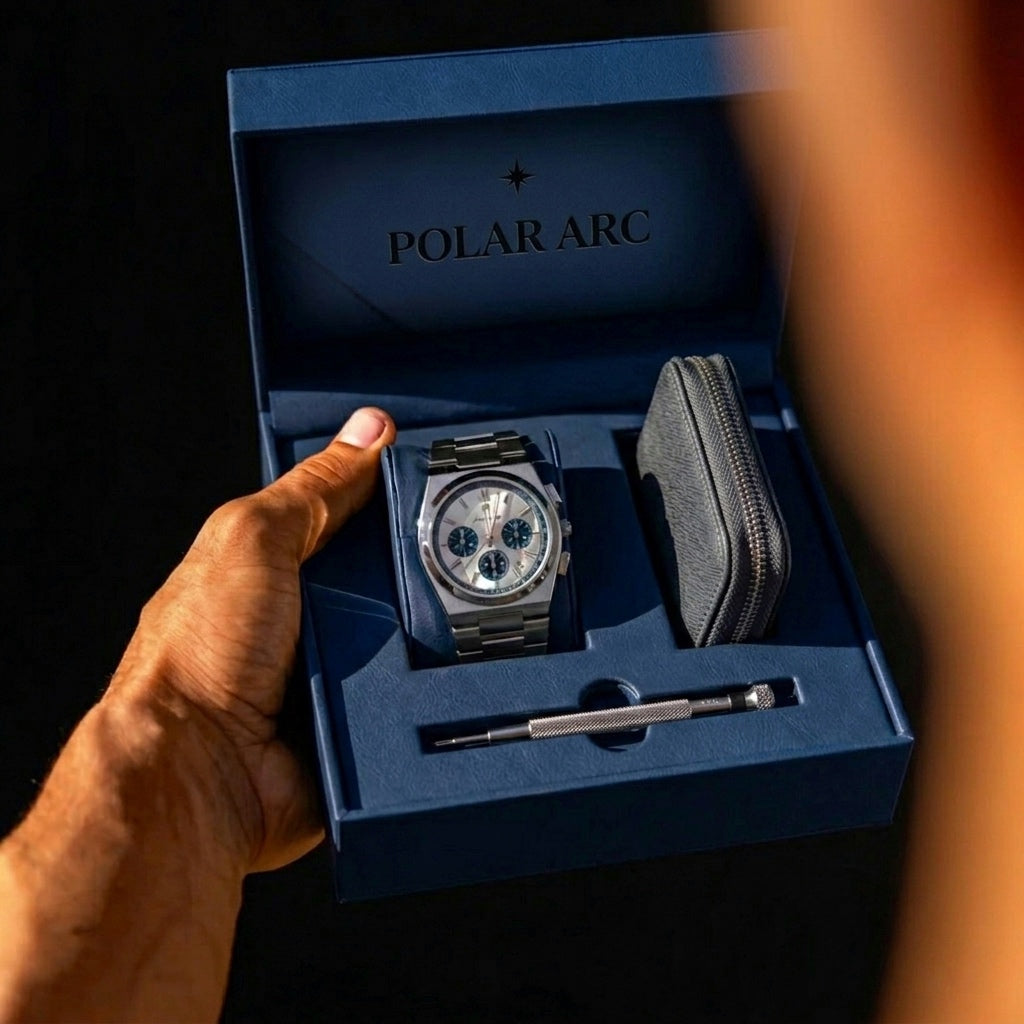Premium leather box packaging for the Polararc panda chronograph watch gift set