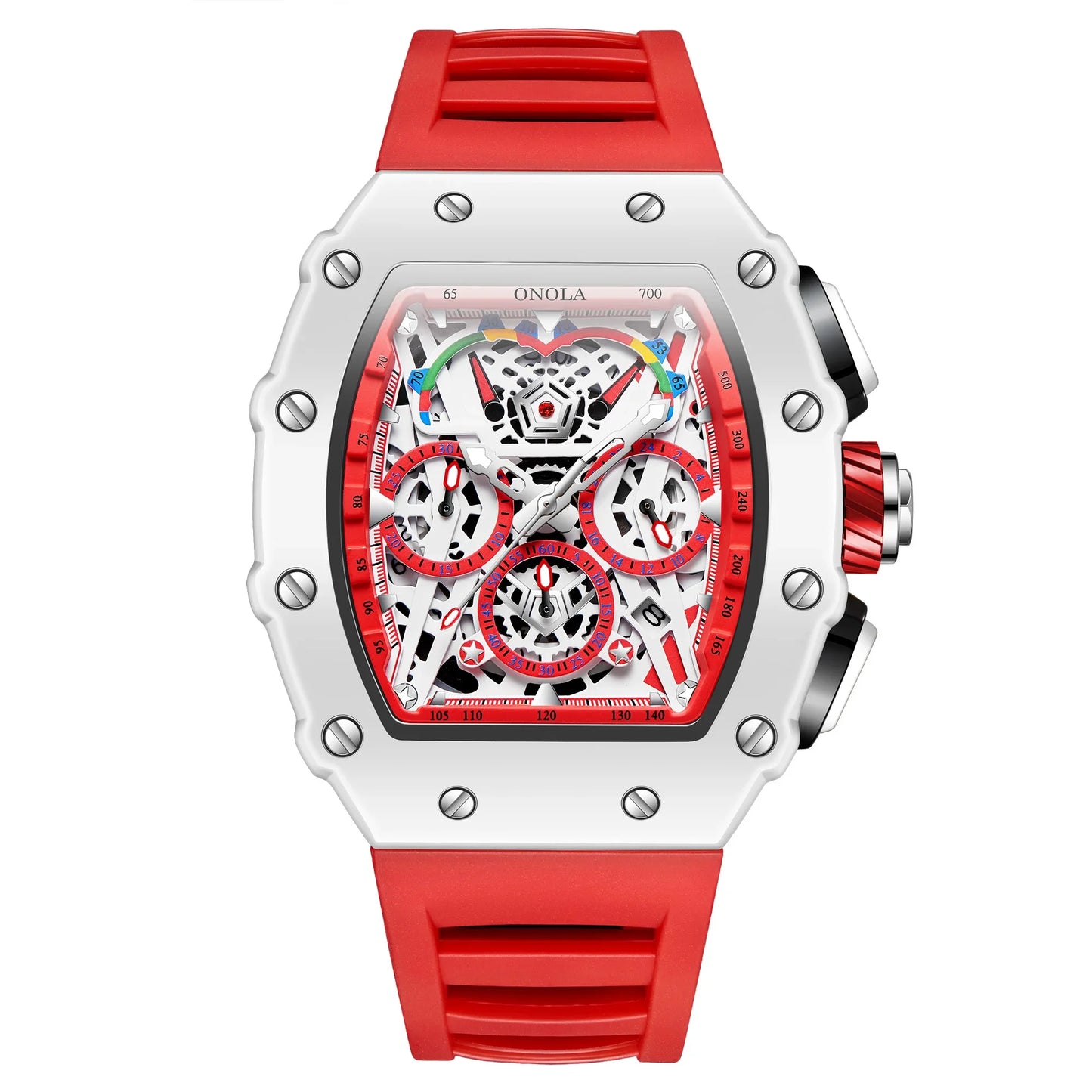 Red silicone strap watch with skeleton dial