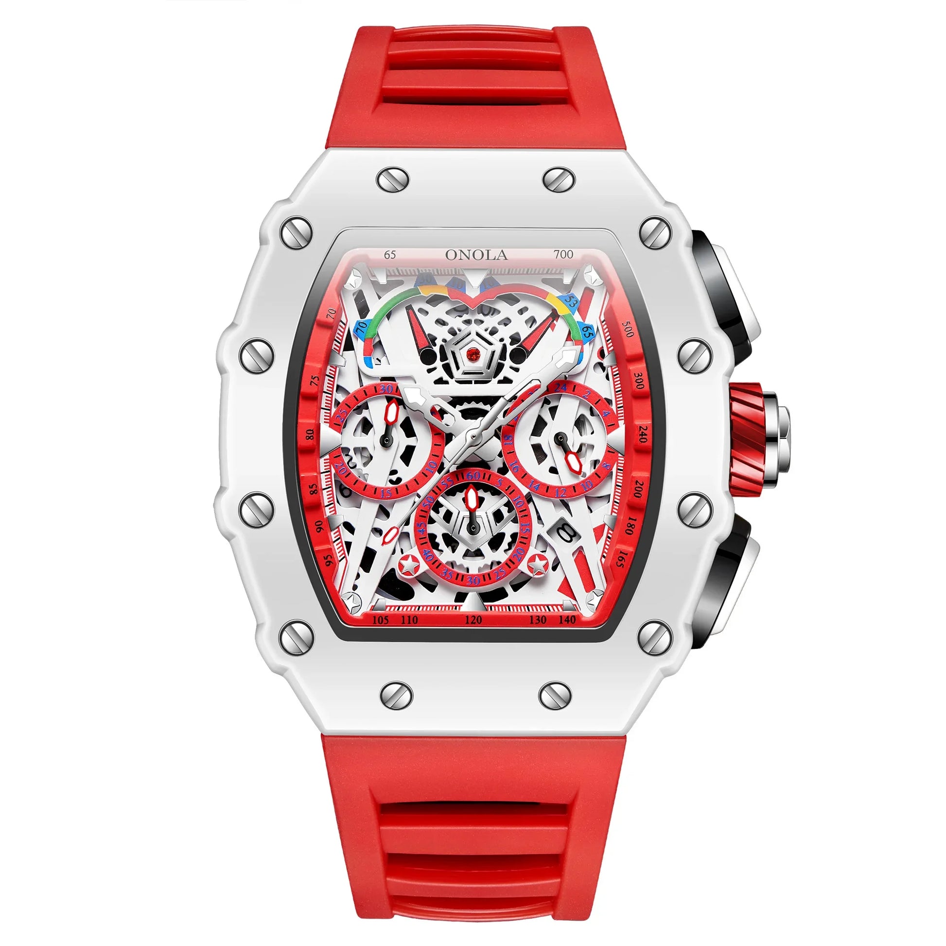 Red silicone strap watch with skeleton dial