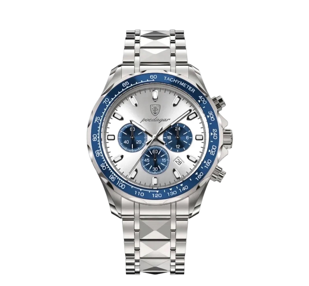 Rivale stainless steel watch with blue tachymeter bezel and chronograph subdials