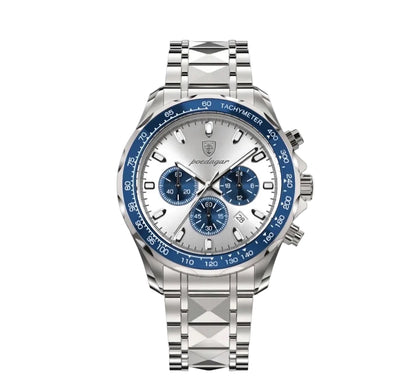 Rivale stainless steel watch with blue tachymeter bezel and chronograph subdials