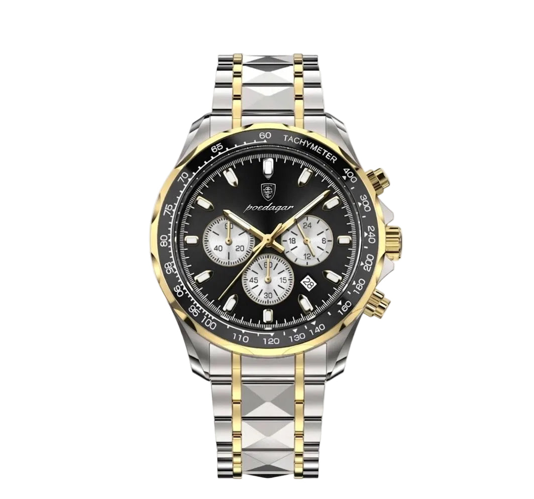 Rivale watch with black dial, gold and silver stainless steel bracelet, chronograph features