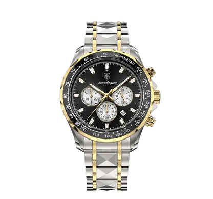 Rivale watch with black dial, gold and silver stainless steel bracelet, chronograph features