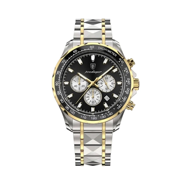 Rivale watch with black dial, gold and silver stainless steel bracelet, chronograph features