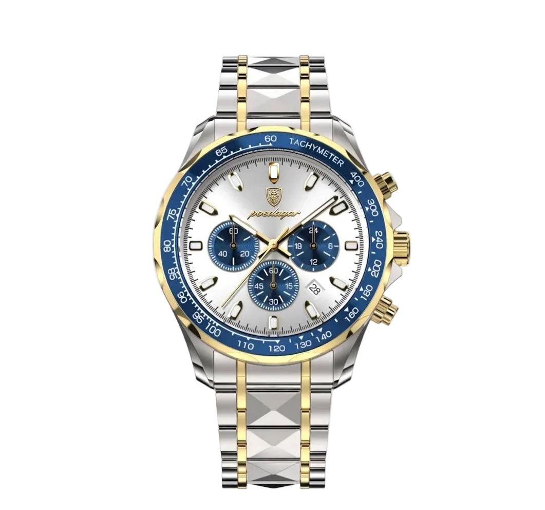 Rivale watch with silver and gold stainless steel band and blue tachymeter bezel