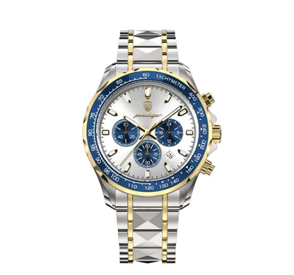 Rivale watch with silver and gold stainless steel band and blue tachymeter bezel