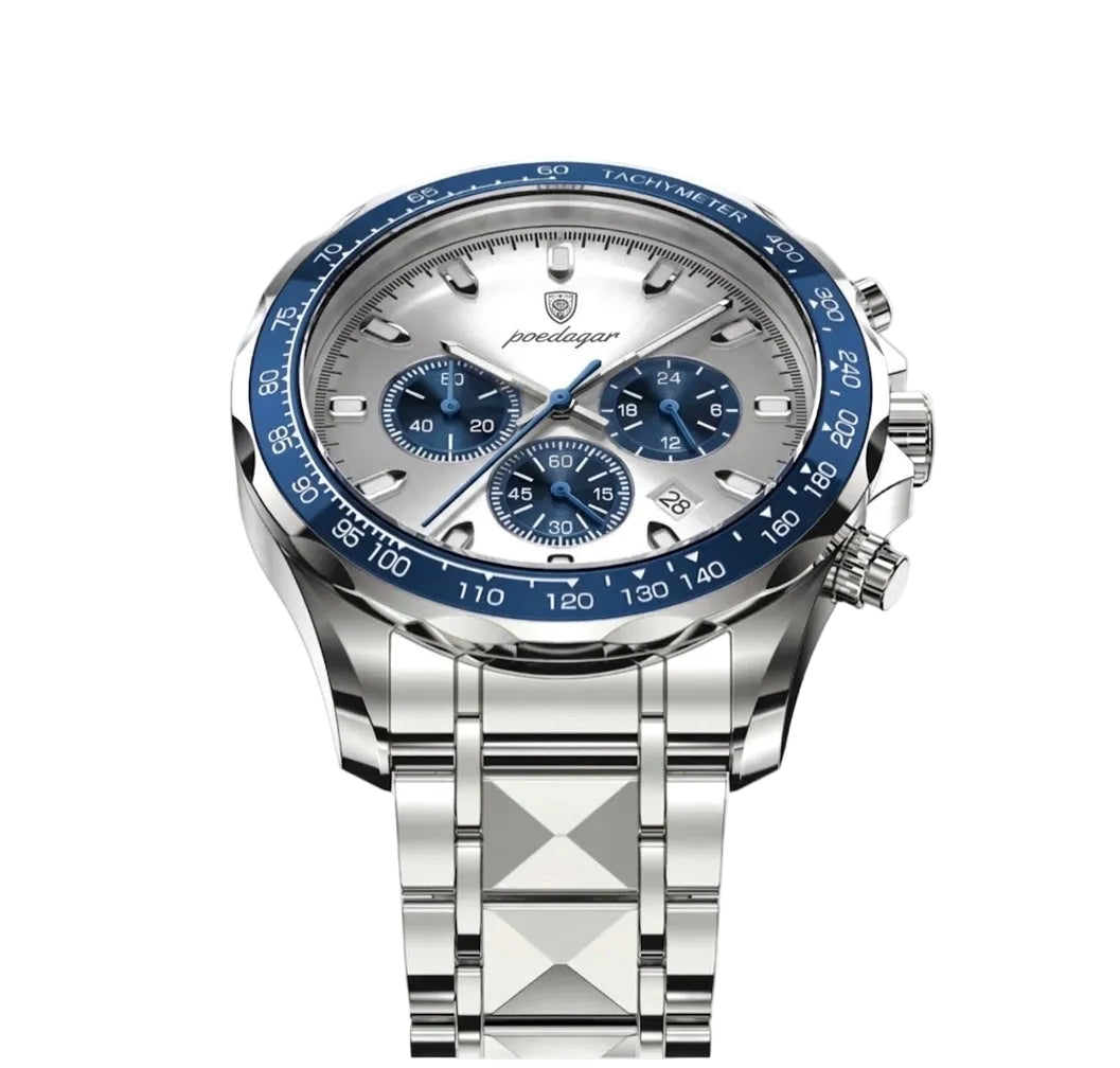 Rivale watch with silver dial, blue tachymeter bezel, stainless steel band