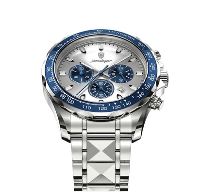 Rivale watch with silver dial, blue tachymeter bezel, stainless steel band