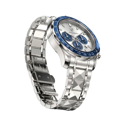 Side view of Polararc Rivale blue bezel steel watch