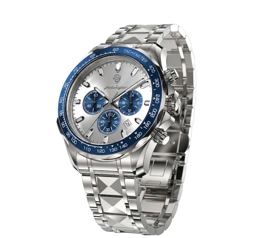 Side view of Polararc Rivale blue bezel steel watch