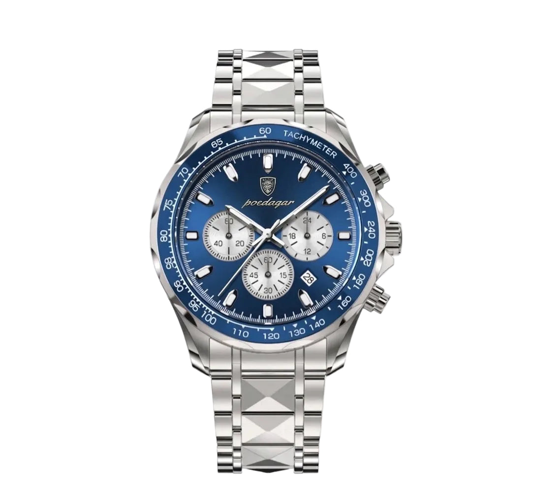 Stainless steel watch with blue dial and chronograph features