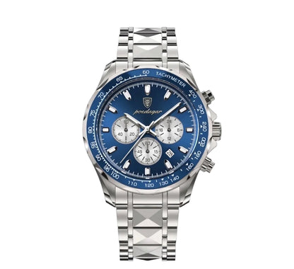 Stainless steel watch with blue dial and chronograph features