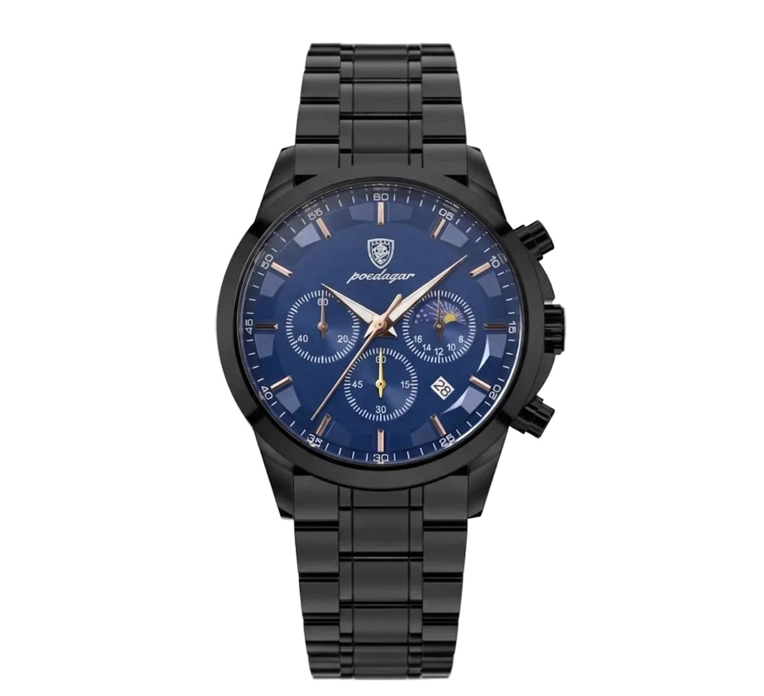 Vanta black stainless steel watch with blue dial and chronograph features