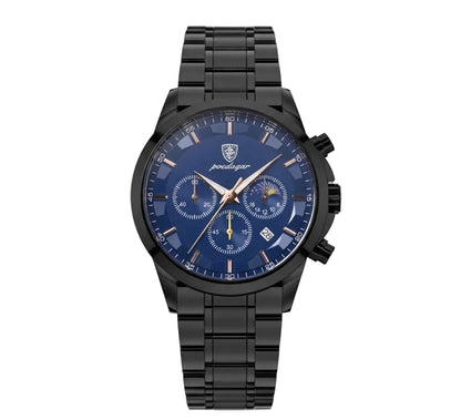 Vanta black stainless steel watch with blue dial and chronograph features