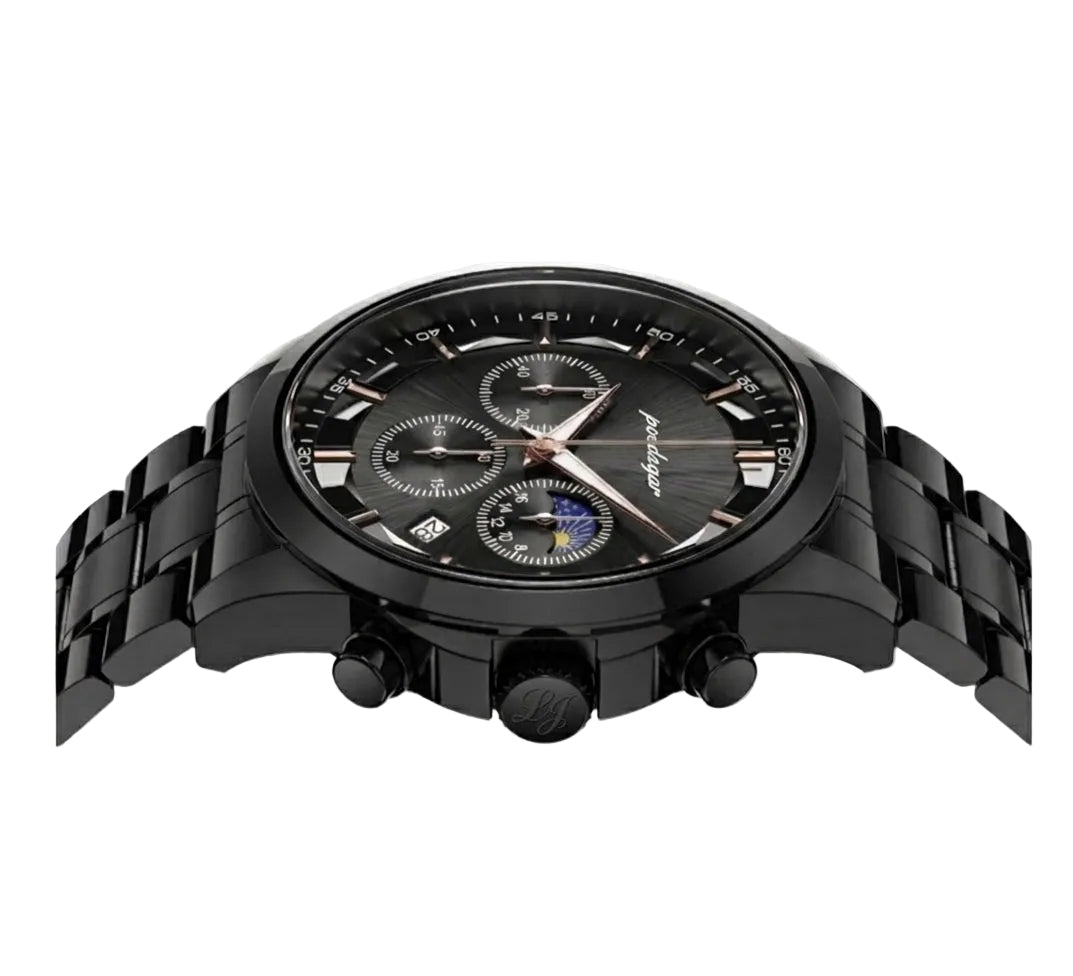 Vanta black stainless steel watch with chronograph features