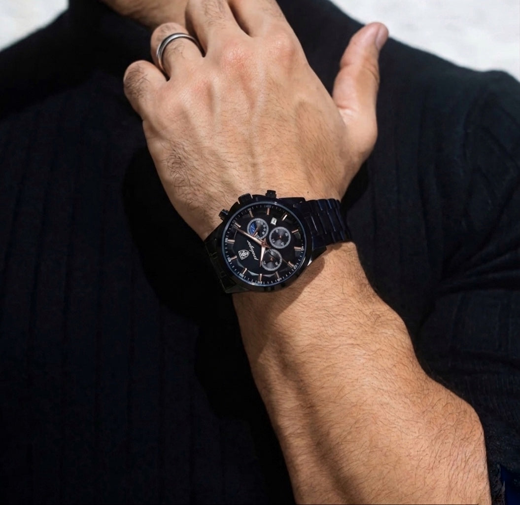Vanta black watch with chronograph features on male wrist