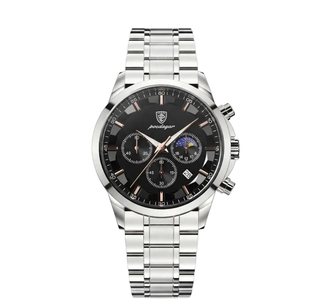Vanta stainless steel watch with black dial and chronograph features