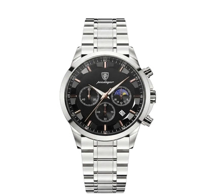 Vanta stainless steel watch with black dial and chronograph features